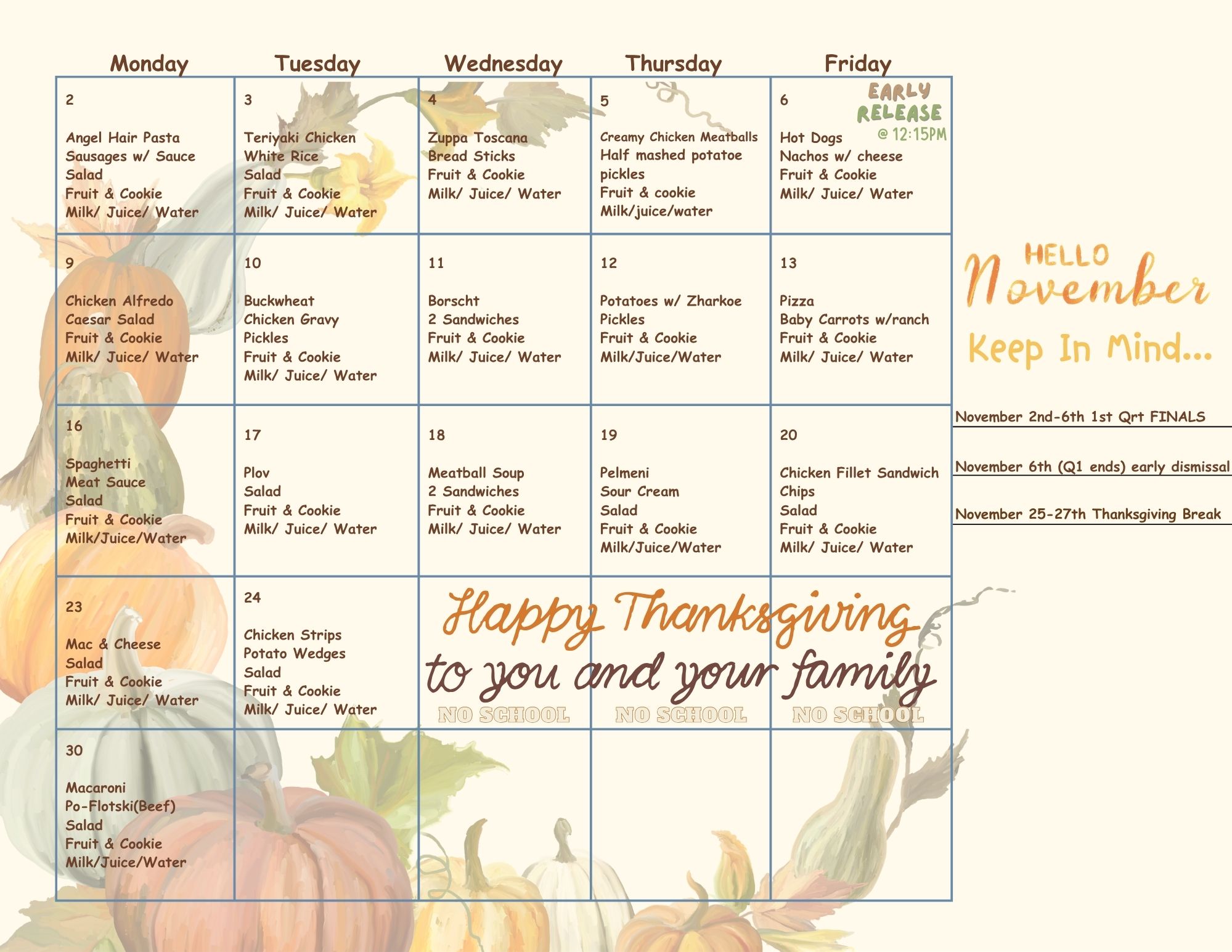 Tacoma Christian Academy lunch menu for November 2026